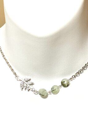 2/$20, Natural Pale Green Prehnite Short Necklace, Gemstone & Silver Leaf Branch